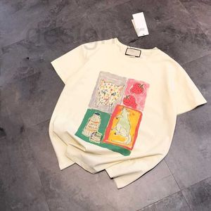 女性用Tシャツデザイナー2022春夏新しいトレンド4グリッドハンドペイントグラフィティ漫画イチゴヒョウ柄マウスプリントカジュアルラウンドO16T