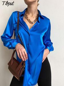 Women's Blouses Shirts Women Blue Silk Satin Drape Shirts Female Lapel Casual Bottoming Blouse Spring Retro Solid Long Sleeve Shirts With Buttons 230228