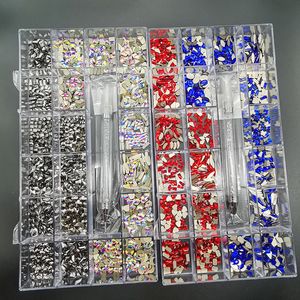 Nagelkunst-Dekorationen, Nagelkunst-Dekorationen, Luxus-Glanz-Diamant-Nagelkunst-Strasssteine, Kristall-Dekorationsset, AB-Glas, 1 Pick-up-Stift in Gitterbox, 21 Form, 230325