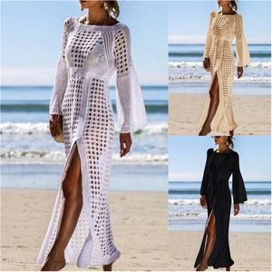 Sarongs Long Lace Sexy Skirt Cover Up White Knitted Beach Dress Tunic Bathing Suit Bikini Women Solid Hollow Out Swimwear M38