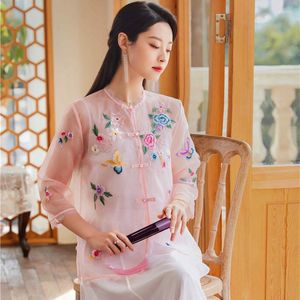 Bloups feminina Fashion Bordado de renda em V Camisa de decote em V Woman Primavera e Verão estilo chinês Single Bastested três quartos de manga S-xxl