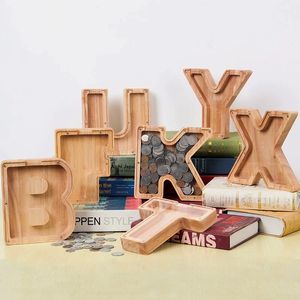 Diy Fashion English Letters Home Decor Wooden Coin Bottles Storage Jar Bank Piggy Bank Transparent Visual Creative Desktop Decoration Party Ornament