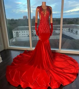 Sexy Long Red Mermaid Prom Dresses 2023 With Two Gloves Glitter Beading Sequins Birthday Party Gowns Robe De Bal