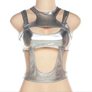 Metallic-Crop-Top für Damen-Tanktop, glänzend, ärmellos, ausgeschnitten, Party, Clubwear, holografische Camis, Silber, S, M, L