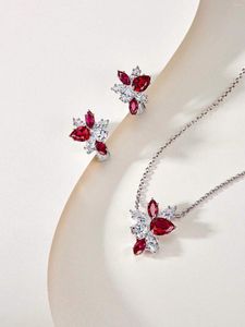 Kolye Kolye S925 STERLING Gümüş Ruby Takı Setleri Kadınlar için Kristal Zirkon Yaprakları Kolye Düğün Kırmızı Taş Taş Küpe Su Damlası