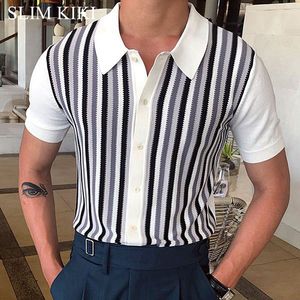 Men's Polos Mens Knitting Polo Shirts Elastic Short Sleeve Knit Men's Clothing Classic Fit Stripe Lapel Collar Button Shirt for Golf t shirt 230228