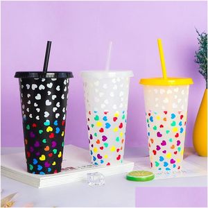 Cups Saucers Valentines Day Easter Gift Love Plastic Color Changing Cup Beverage Fruit Tea Seven Rainbow St Drop Delivery Home Gar Dhguc
