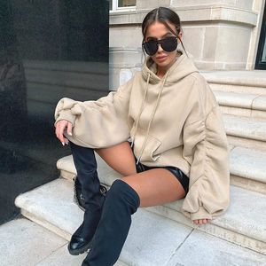 Damen Hoodies Sweatshirts Herbst Winter Weiß Übergroßes Sweatshirt Frauen Khaki Lange Puffärmel Geraffte Lässige Lose Kapuzenmode 230228