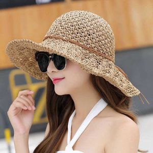 Chapéus largos de abrangência Raffia Straw Sun Visor Hats for Women Women dobrável Brim Brim Bowknot UV Resistente a Panamá Beach Hat Hat elegante Cap G230227