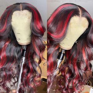Длинный красный парик с выделенными человеческими волосами 13x4 Объемная волна Парик фронта шнурка Омбре Красный с черными цветными синтетическими париками Предварительно выщипанные