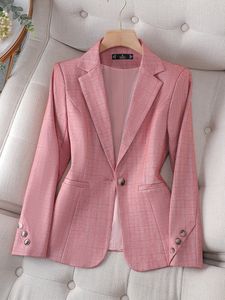 Frauenanzüge Blazer Ankunft Pink Black Plaid Ladies formelle Blazer Frauen Frauen Langarm Langarm Single -Knopf Schlanke Geschäftsarbeit tragen Jacke 230228