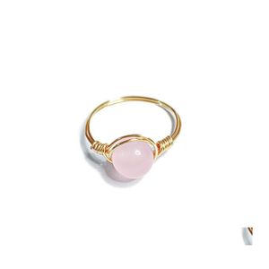 car dvr Cluster Rings Round Stone Jade Pink Green Crystal Wire Wrap Gold Finger Ring Wholesale Jewelry For Women Size 7 8 Drop Delivery Dhn4D