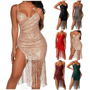 Casual Dresses Women's Sexy Sequin V Neck Tassel Suspender Dress High End Slim Mid Length Party Summer Kne for Women