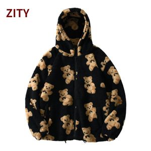 Women's Hoodies Sweatshirts ZITY Cartoon Bear Fleece Hooded Jacket Casual Hoodie Female Zip Up Sweatshirt Teddy Coat Warm Couple Clothes 230228