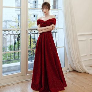 Etniska kläder Bourgogne Engagement Slash Neck Backless Women Cheongsam Elegant Bowknot Maxi Dress Gown Fairy Bling paljetter Pleated Vestidos