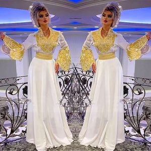 White Evening Dresses Plus Size Prom Party Gown Formal Floor-Length New Custom Gold Applique A Line V-Neck Satin Long Sleeve NONE Train