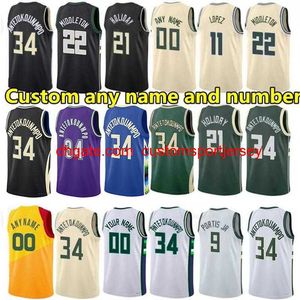 Milwauk Buck Basketbol Formaları Giannis 34 Antetokounmpo Özel Jersey Brook Lopez Bobby Portis Jr Jrue Tatil Khris Middleton Crowder City Grayson Allen Edition