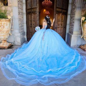 Shining Sky Blue Sweetheart Quinceanera Dresses 2024 3D Flowers Ball Gown Sweet 15 16 Dress Prom Party Dresses for Girls