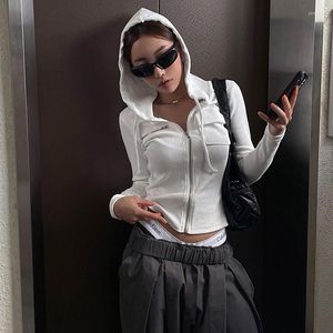 Racing Jackets Cycling Sports Hoodie Sweetown White Zip Up Hooded Women Solid Ribbed Basic Long Sleeve Autumn Tops Chic Pockets Design