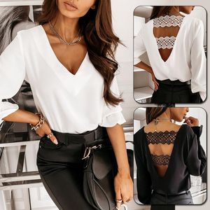 Damenblusen, lässige Bluse für Damen, Sommer, langärmelig, elegante Damenoberteile, V-Ausschnitt, offener Rücken, Spitze, Ausschnitt, Frühling und Herbst, Streetwear-Kleidung