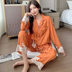 Women Women Sleep Fair Ice Silk Lose Kobiety Pajamas Rayon Sleep Fair Długie rękawy Dwie papierowe garnituru koronkowe satynowe pasiasty pj zestawy dla kobiet 230228