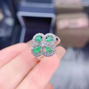 Cluster Rings Fine Natural Emerald Real 925 Sterling Silver High-quality 3 4 Flower Type Ring Fashion Wedding Jewelry For Women