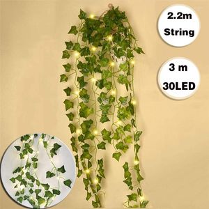 Decorative Flowers 2M Ivy Leaf With 30LED Garland Fairy Lights Fake Artificial Plants Battery Powered String Copper Light For Wedding Home