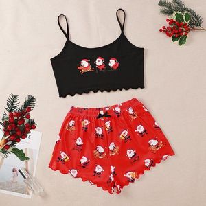 Mulheres de Natal feminino impressão de backless mulheres cetim sexy cami pijamas conjuntos de mangas e shorts night night terno caseiro use pijamas