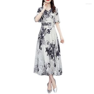 Casual Dresses Women Ruffle Half Sleeve V-Neck Swing Long Dress Chinese Ink Painting Floral Print Empire Waist A-Line Pleated Sundress K3KF