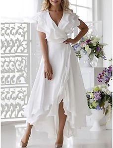 A-Line Mother of the Bride Dress 2023 White Wedding Guest Party Gowns High Low V Neck Asymmetrical Chiffon Ruffles Split Robe de Soiree