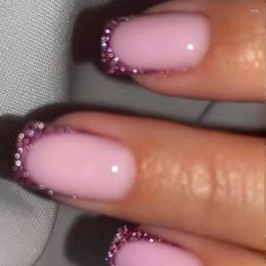 False Nails Pink Purple Glittle Powder French Wearable Nail Art Glossy Fake Detachable Finished Press On With Glue