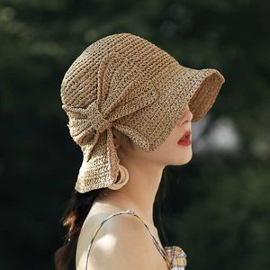 Breda brimhattar 2022 Ny % Raffia Bow Sun Hat Wide Brim Floppy Summer Hats For Women Beach Panama Straw Dome Bucket Shade Hat Ladies Caps G230227
