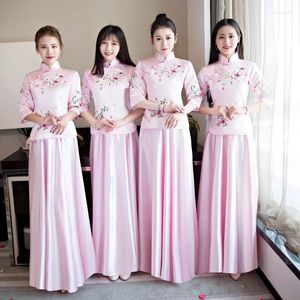 Etnik Giyim Pembe Gelin Nedime Cheongsam Modern Geleneksel Çin tarzı Gelinlik Doğu Kadınlar Uzun Qipao Vestidos