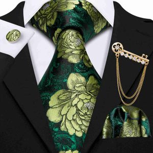 Neck Ties New Fashion Desinger Men Tie Brooch Set Green Striped Silk Tie For Wedding Party Necktie Handkerchief Cravat BarryWang LS5214 J230227