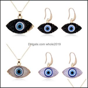 Brincos colar azul inspirado mal o olho druzy drusy jóias pingentes conjunto de resina quartzo cristal moda para mulheres entrega de gota conjuntos de dhwsi