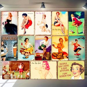 Pin up Girls Vintage Metal Tin Sign Плакат Сексуальные леди оловянные знаки американского искусства кафе кафе паб -бар клуб казино настенный декор дома пещера по размеру дома размером 30х20 см W01