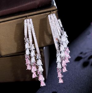 Urok długi frędzle różowy aaa cyrkonia sześcienny projektantek kolczyków dla kobiety impreza 925 srebrne kolczyki po diamentowej biżuterii w Ameryce Południowej