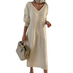 Casual Dresses V-Neck Elegant Winter Autumn Office Women Ladies Knitted Wool Long Loose Sleeve Knitwear Tops Dress