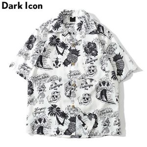 Men's Casual Shirts Dark Skeleton Full Printed Retro Shirt Men 2019 Summer Street Men's Shirts Short Sleeved Shirts for Men Green White Z0224