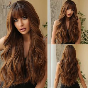 Synthetic Wigs Easihair Long Wavy Brown Ombre Synthetic Hair Wigs Women with Bangs Dark Root Natural Wig Cosplay Use Heat Resistant Fake Hair 230227