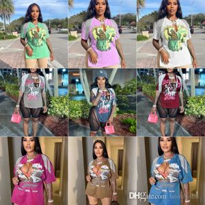 Women T Shirt Designer Clothing 2023 Spring New Printed Round Neck Tassel Side Split Top 9 Colors S-XXL