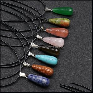 Pendant Necklaces Stone Crystal Quartz Opal Long Teardrop Necklace Leather Chains For Men Women Fashion Jewelry Drop Delivery Pendant Dhyge