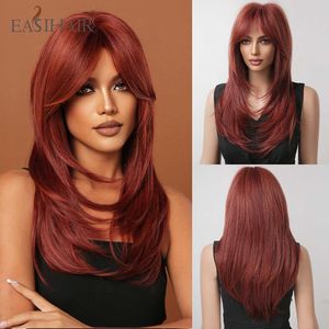 Perucas sintéticas easihair laranja vermelha sintética longa vinhos retos perucas de cabelo natural para mulheres com estrondo cosplay resistente ao calor 230227