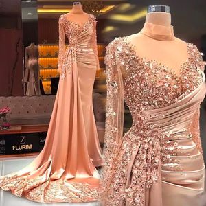 Vestido de festa de formatura Novos vestidos de noite Plus Size formal até o chão apliques personalizados ilusão manga longa gola alta frisado sereia cetim lantejoulas