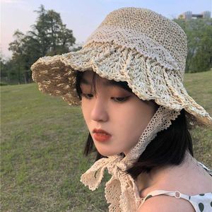 Wide Brim Hats Korean Version of Ins Lace Straw Hat Hollow Straw Woven Sunscreen Sunshade Beach Hat Big Eaves Women Sun Casqutes G230227
