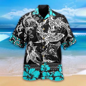 Мужские повседневные рубашки новые гавайские мужские рубашки крутые акула Тотем напечатанный верхний размер кубинских воротничков летние каникулы пляж