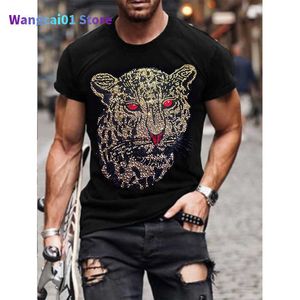 Herr t-shirts herr kvalitet mode t-shirts casual party short seve opard heta borr män kläder tee toppar o-hals rhinestone tshirt y2k ny 0228h23