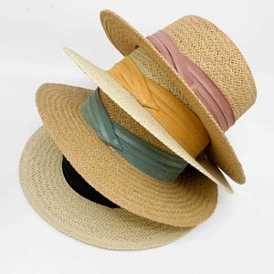 Breda randen hattar Sommarkvinnor Bred Brim Straw Hat Chapeau Paille Lady Ribbon Sun Hats Boater Panama Beach Hats Feminino Hat Kentucky Derby Ascot G230227