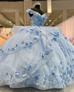 Princess Ball Blue Sky Gown Dresses 2023 Flowers Lace Appliques Sweet 16 Dress Vestidos De Quinceanera Corset