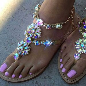 Женская летняя обувь с блестками и кристаллами, женские пляжные сандалии на плоской подошве, большие размеры, шлепанцы, женские шлепанцы со стразами, женские туфли на плоской подошве R230228